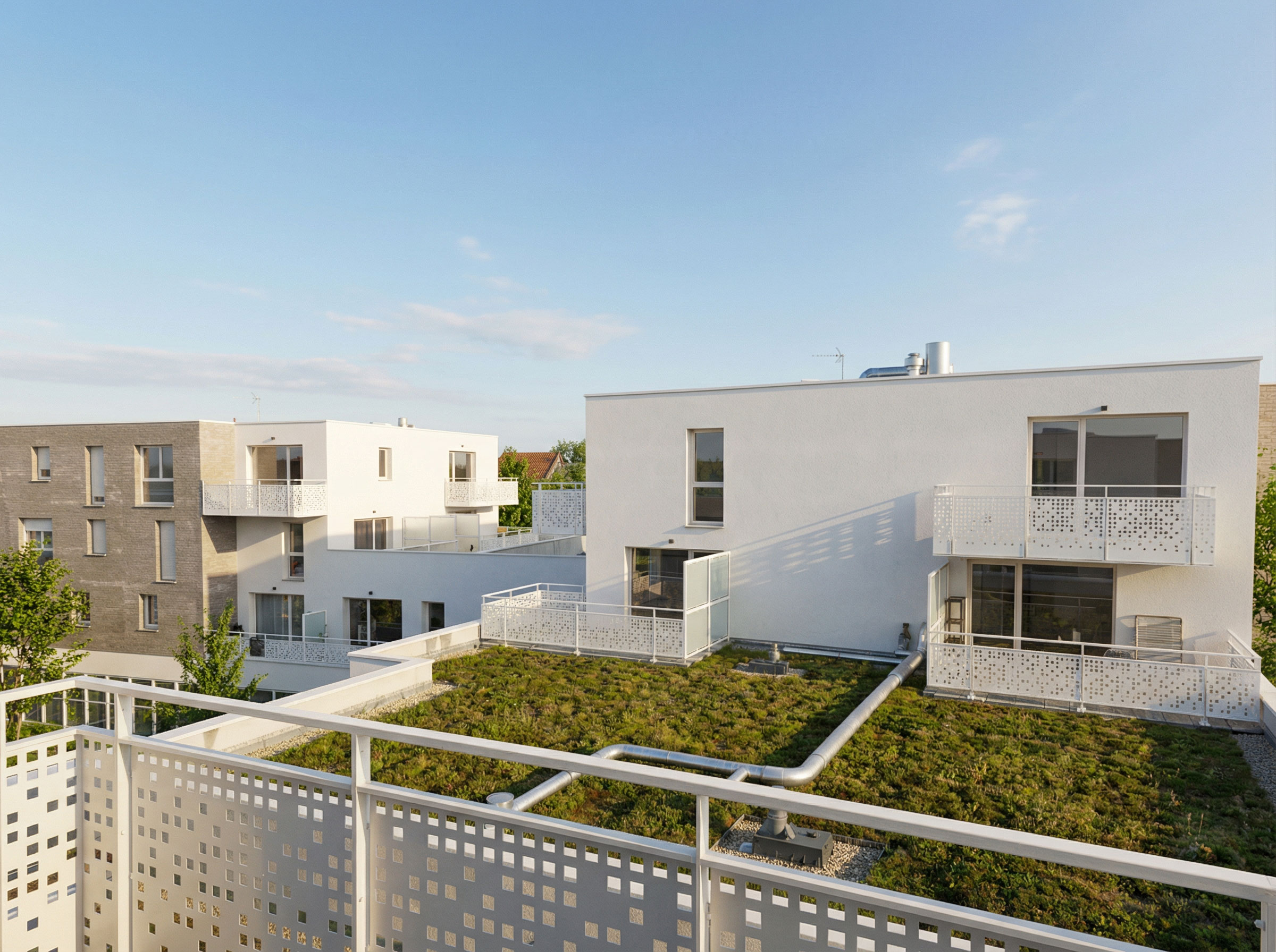 Vue des toitures végétalisées de l'opération Flanelle à Wattrelos : 69 logements collectifs avec toitures végétalisées et îlot paysager central, projet de reconversion ZAC La Lainière - Handouche & Bréard architectes