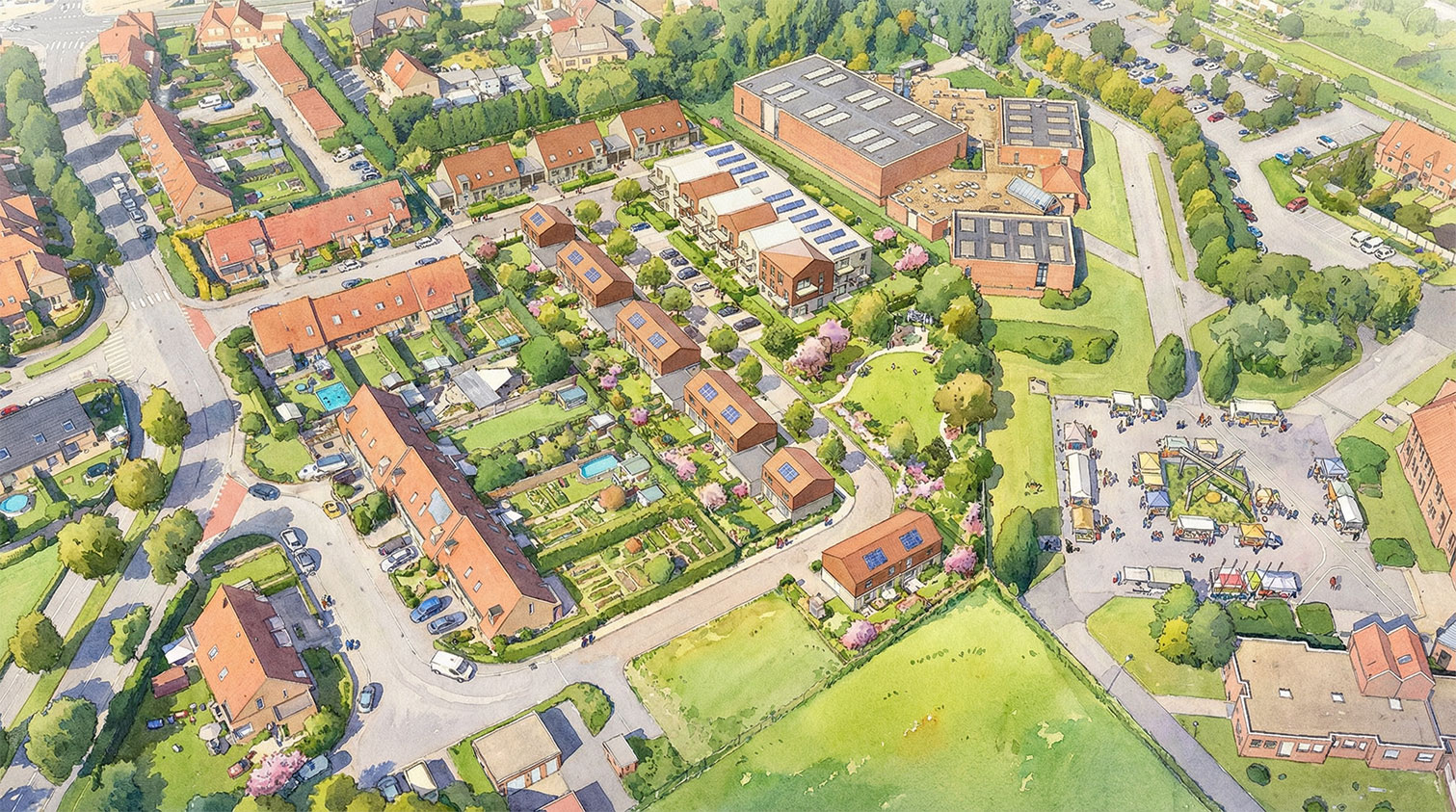 Perspective axonométrique de l'eco-quartier à Petite Synthe montrant l’intégration entre les bâtiments et l’espace vert public - Handouche & Bréard architectes