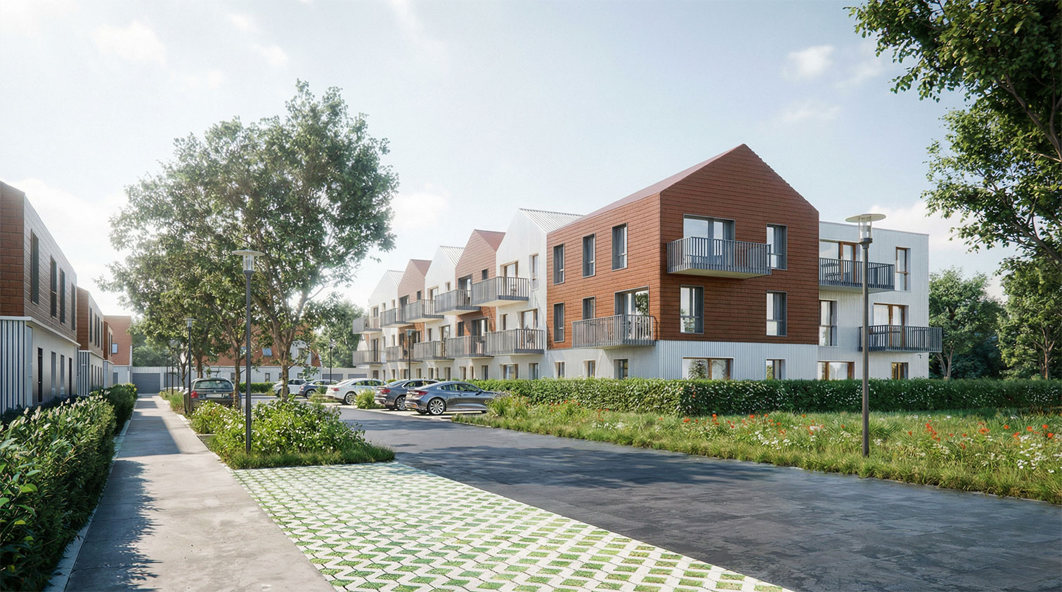 Vue extérieure du projet de 30 logements collectifs à Petite Synthe, façade en longère bardage métal et terre cuite - Handouche & Bréard architectes